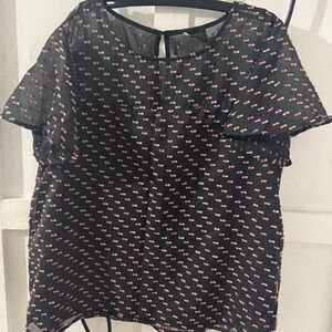 W5 Black Sheer Blouse with Red and White Pattern